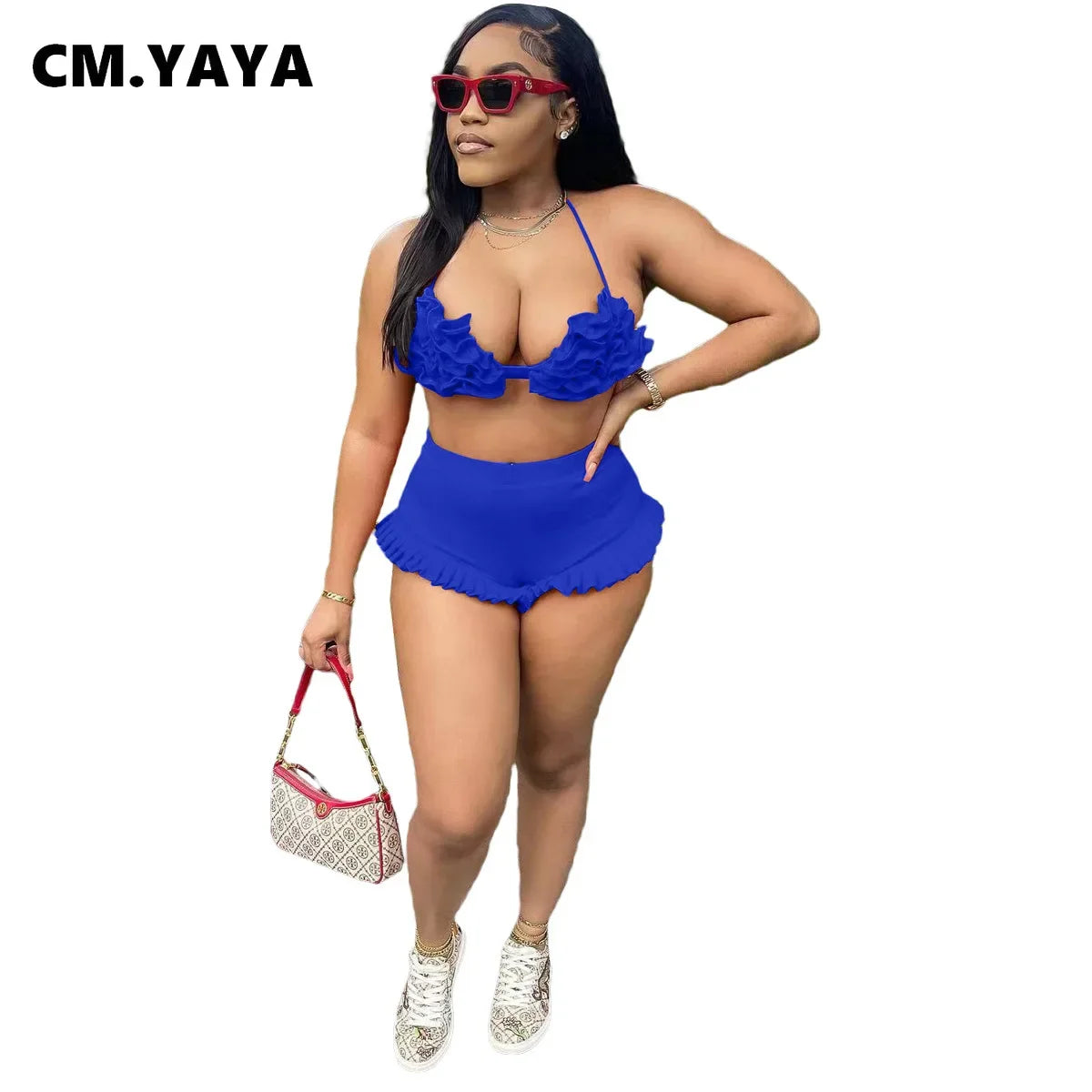 Women's Set Ruffles Crop Top Bra and Shorts Bikini Set Streetwear Casual Two 2 Piece Outfits Summer 2024 Beach Holiday