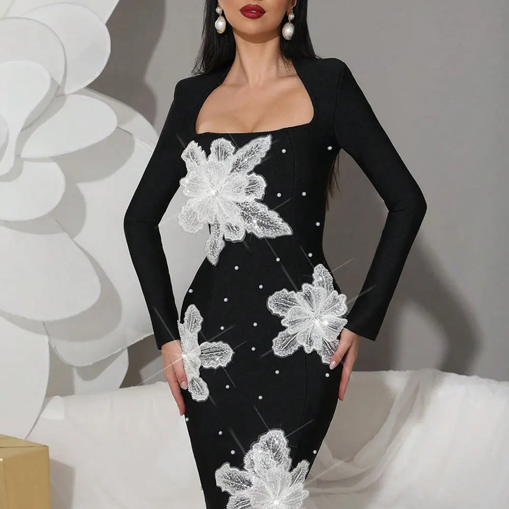 2025 Women's Light Luxury 3D Flower Design Bandage Dress Square Neck Long Sleeve Bodycon Flute Dress Evening Club Party Vestidos black