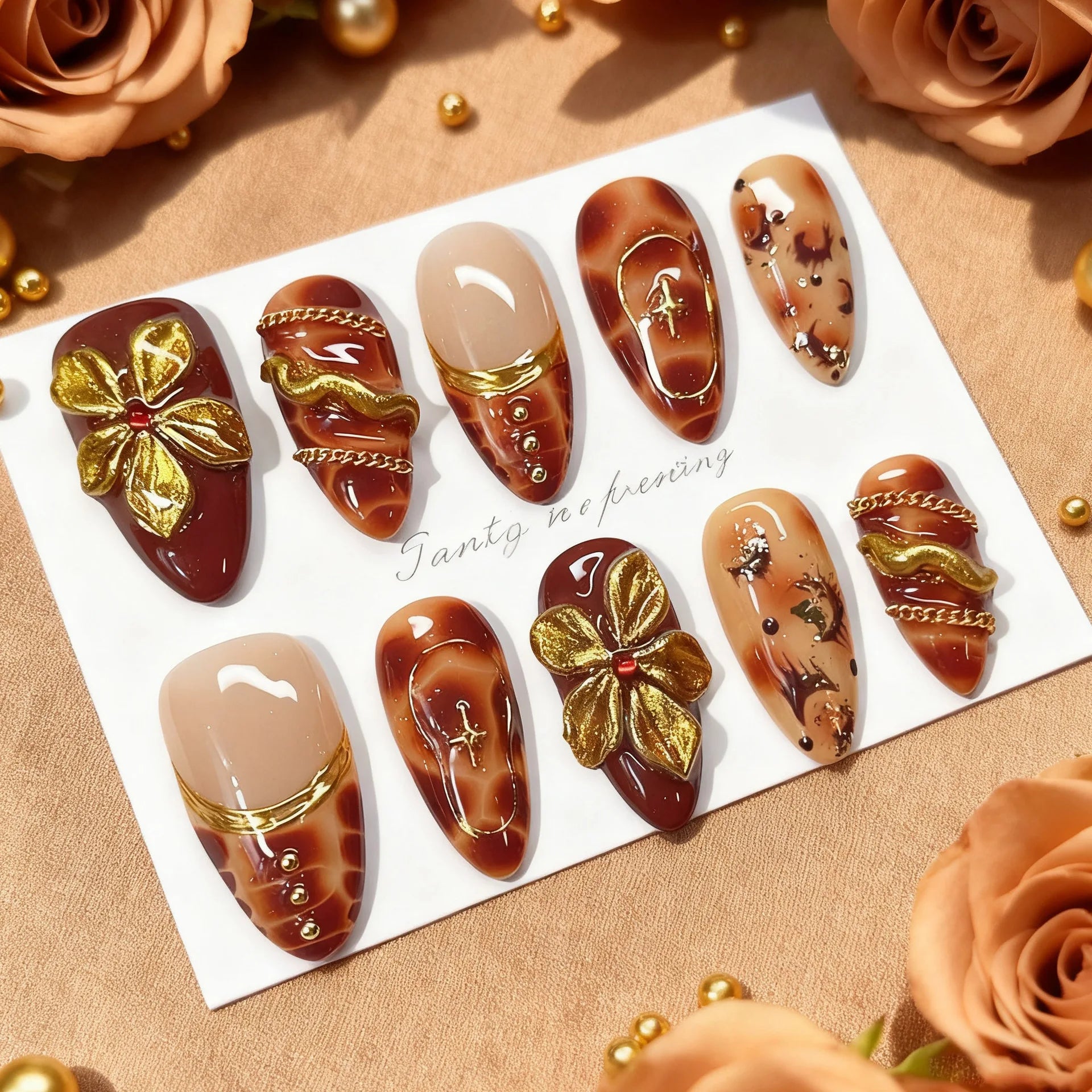 24Pcs Gilded 3D Flower Press on Nails Black French Leopard Print False Nails Mid-length Almond Wearable Full Cover Fake Nail Tip DM-344
