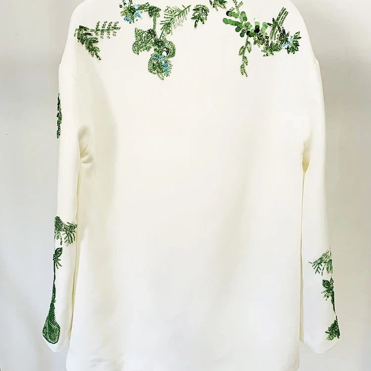 HIGH STREET Newest Designer Suit Set Women's Loose Style Long Sleeve Stunning Beaded Blouse Tops Flare Pants