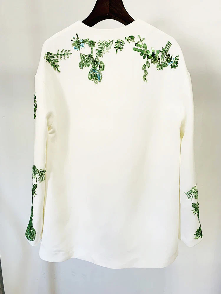 HIGH STREET Newest Designer Suit Set Women's Loose Style Long Sleeve Stunning Beaded Blouse Tops Flare Pants