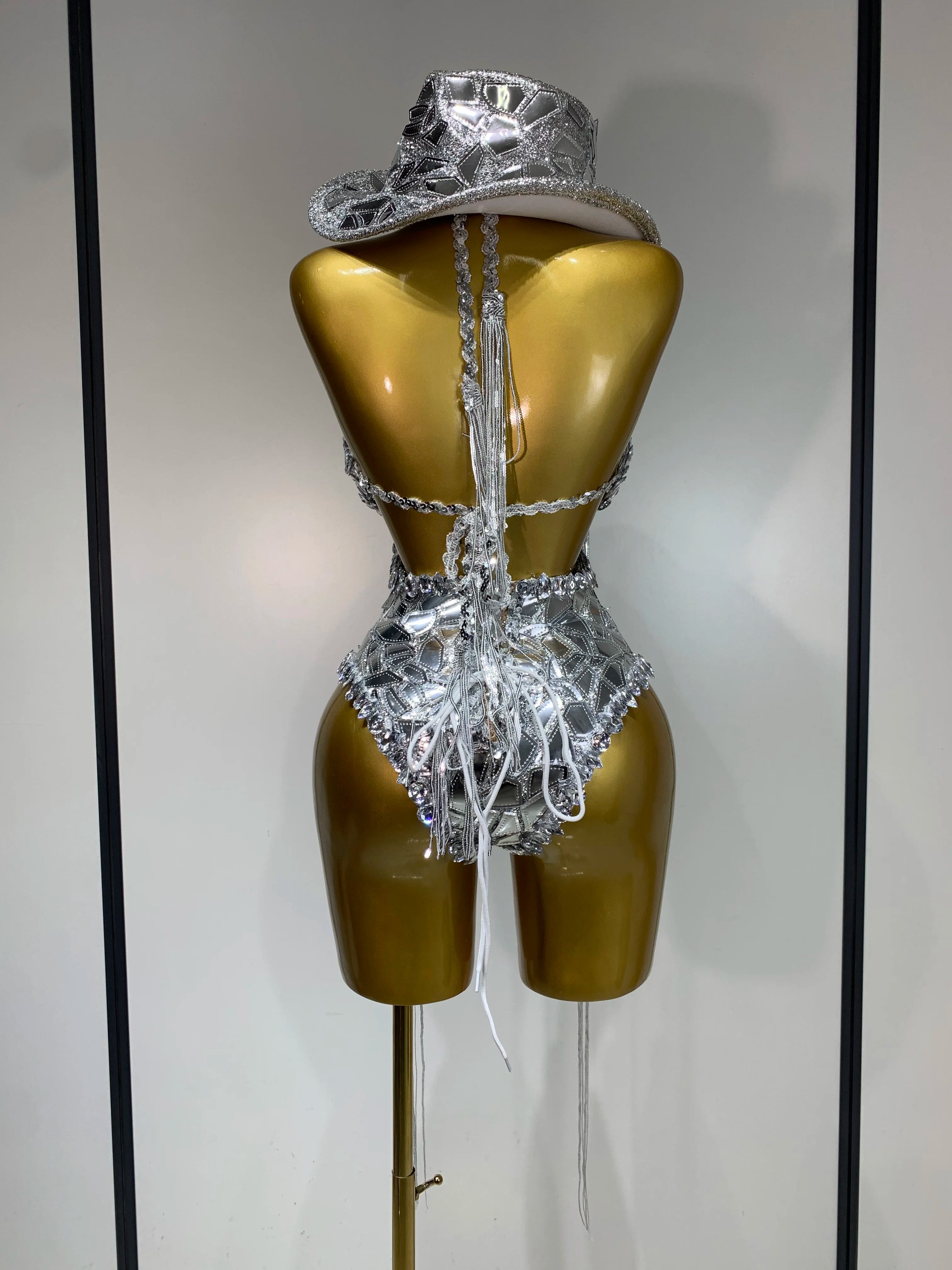 Sprakly Silver Bodysuit Sexy Two Pieces Outfit Dancer Birthday Evening Party Celebrate Performance Singer Stage Perform Outfit