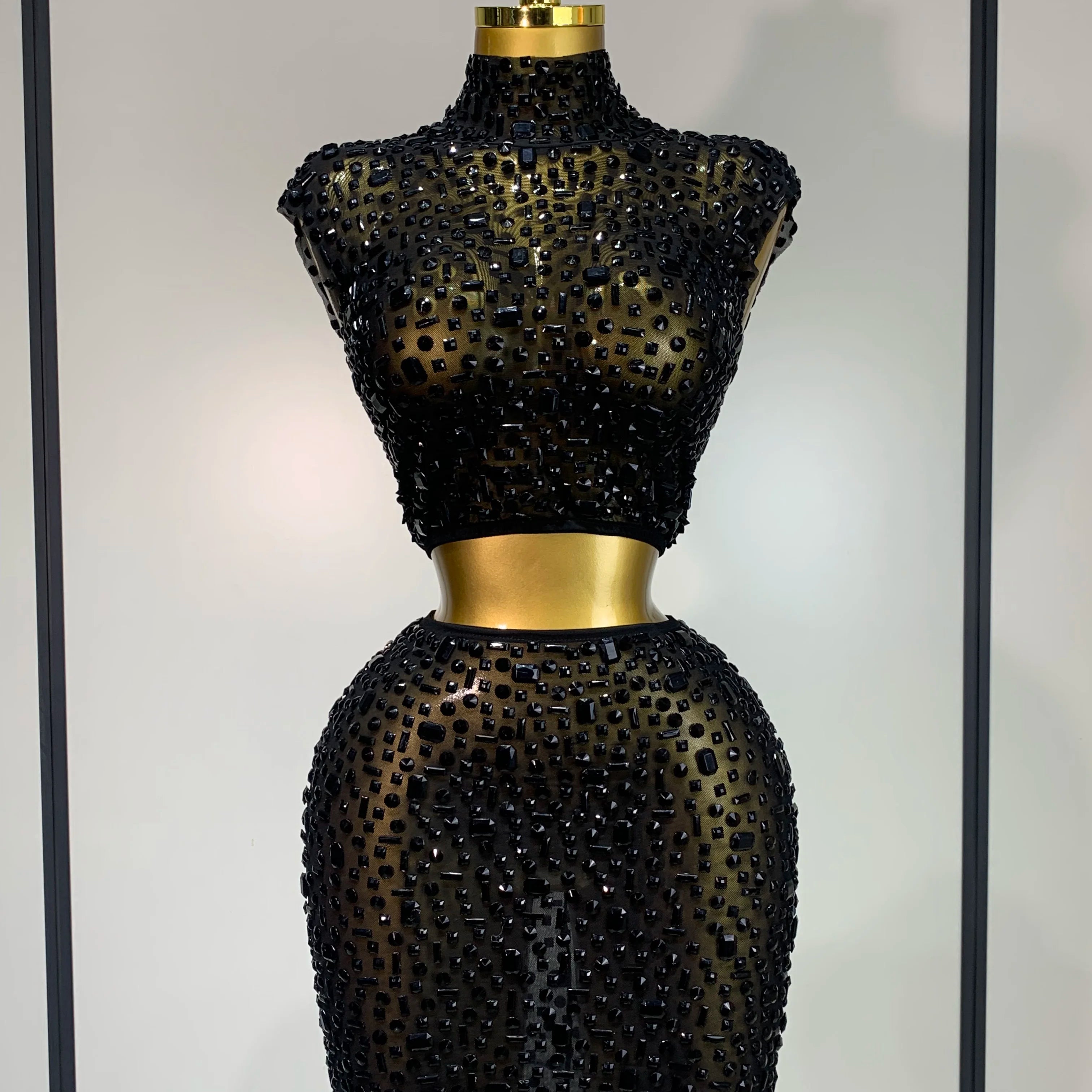 Luxury Rhinestone Mesh See Through Celebrate Birthday Dress Sparkly Top Short Skirt Two Pieces Sets Performance Stage Costume black