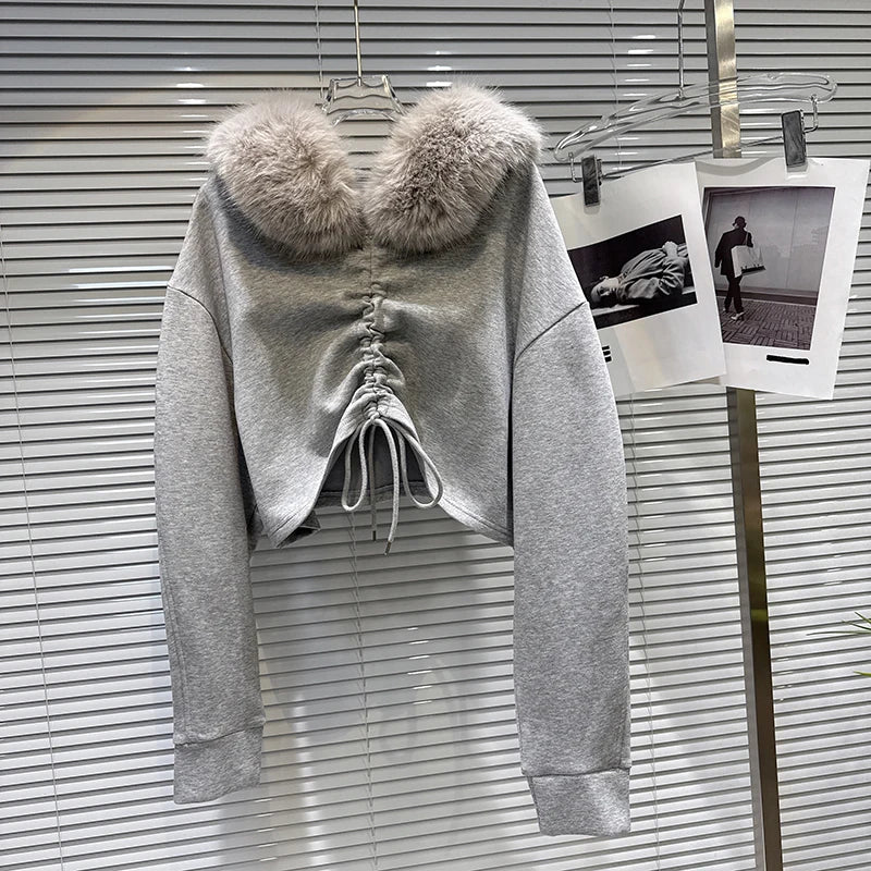 Winter New Fashionable Big Fur Collar Drawstring Sweatshirt Lace Waist Mermaid Skirt Thickened Set For Women 11A07480