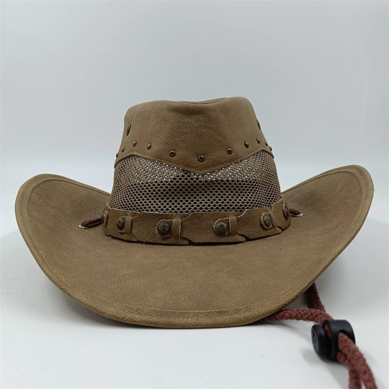 Retro Unisex Vintage Wide Brim Leather Cowboy Cowgirl Western Hat With Tassel Braid Leather Band Size 58-59CM