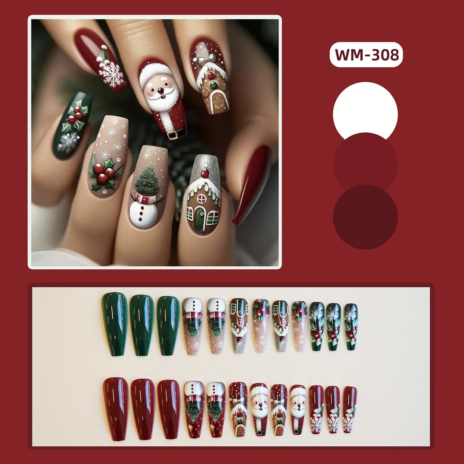 2025 Merry Chrismas Press on Nails Cute Snowman Elk Santa Claus Print Fake Nail Tips Wearable Long Coffin False Nails for Girls 3