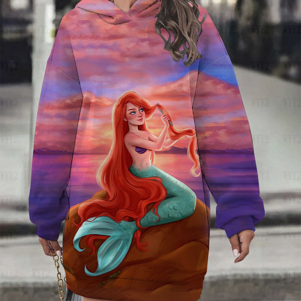Women's Hoodie Dress Fall Fashion Print Long Sleeve Hooded Dress Women Disney Mermaid Women's Sweatshirt Streetwear