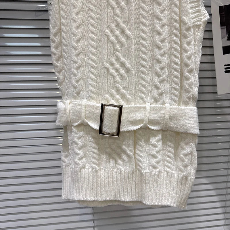 Winter New Fashionable Elegant Jacquard Knitted High Neck Vest With Belt Vest For Women Solid Color Tank Top 11A07949