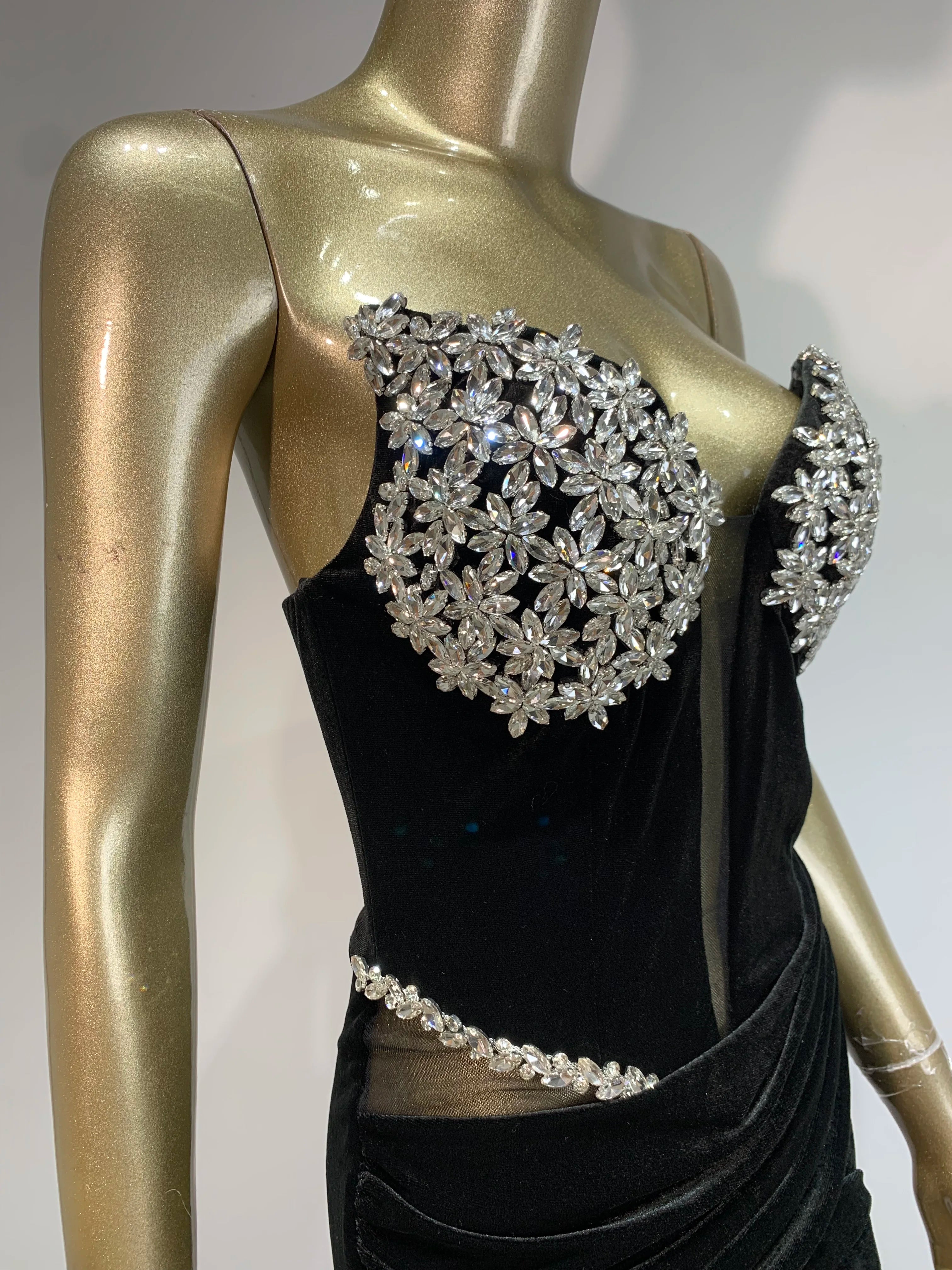 Sexy Strapless Backless Split Diamonds Black Velvet Maxi Long Women Celebrity Dress 2024 Elegant Party Evening Club Vestido