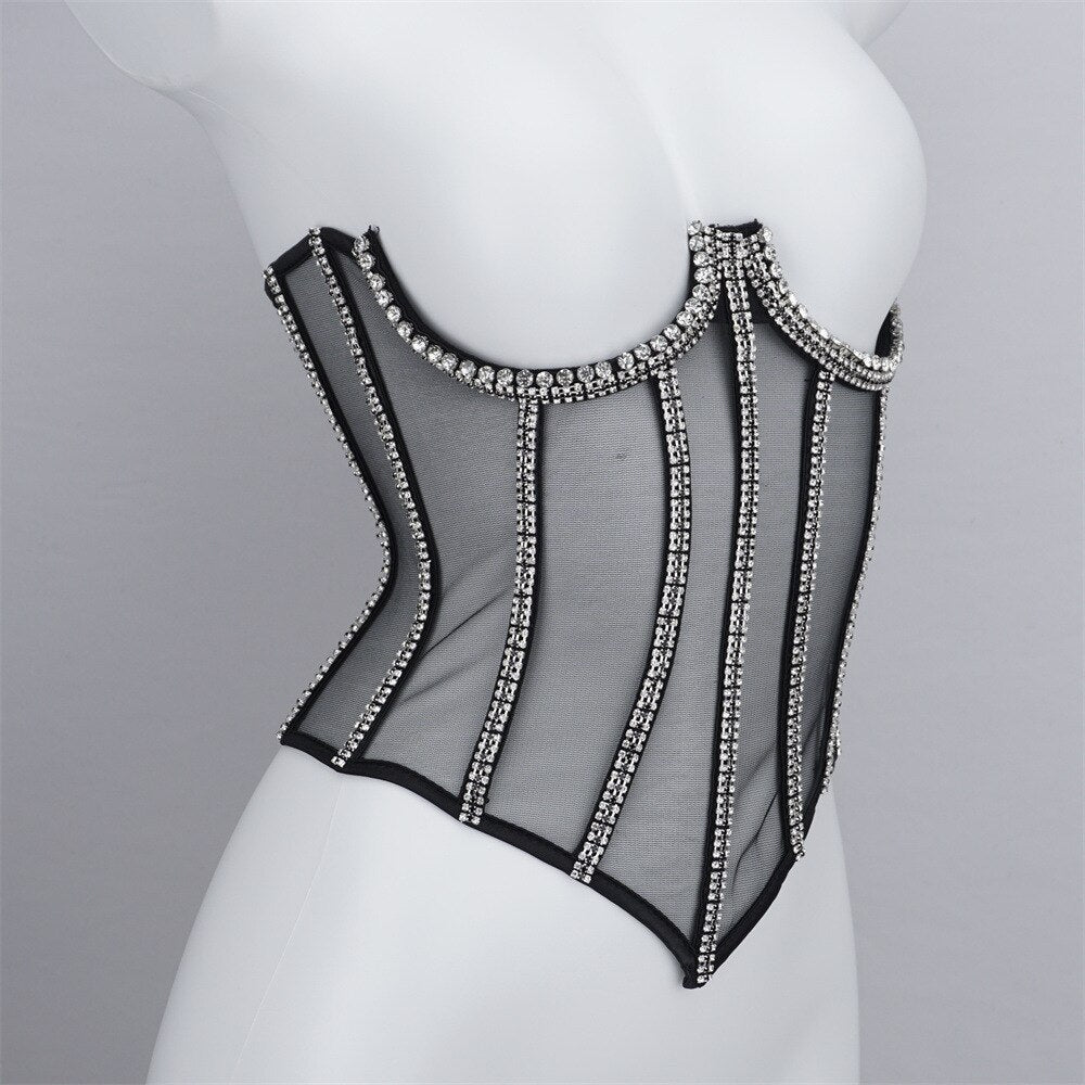 Sexy Slim Backless Corset Luxury Rhinestone Crystal Diamond Women's Vest Transparent Lace Push Up Girdle