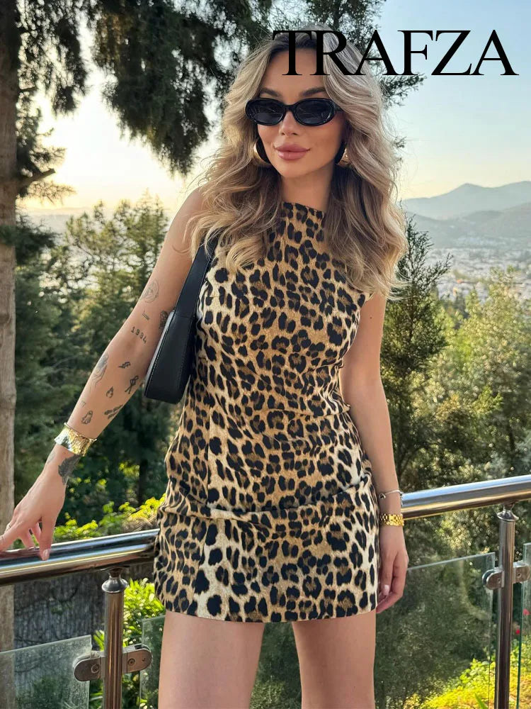 TRAFZA Summer Chic Leopard Print Sexy Women's Mini Dress Retro Round Neck Sleeveless Zipper Decoration Women's Party Dress Y2K