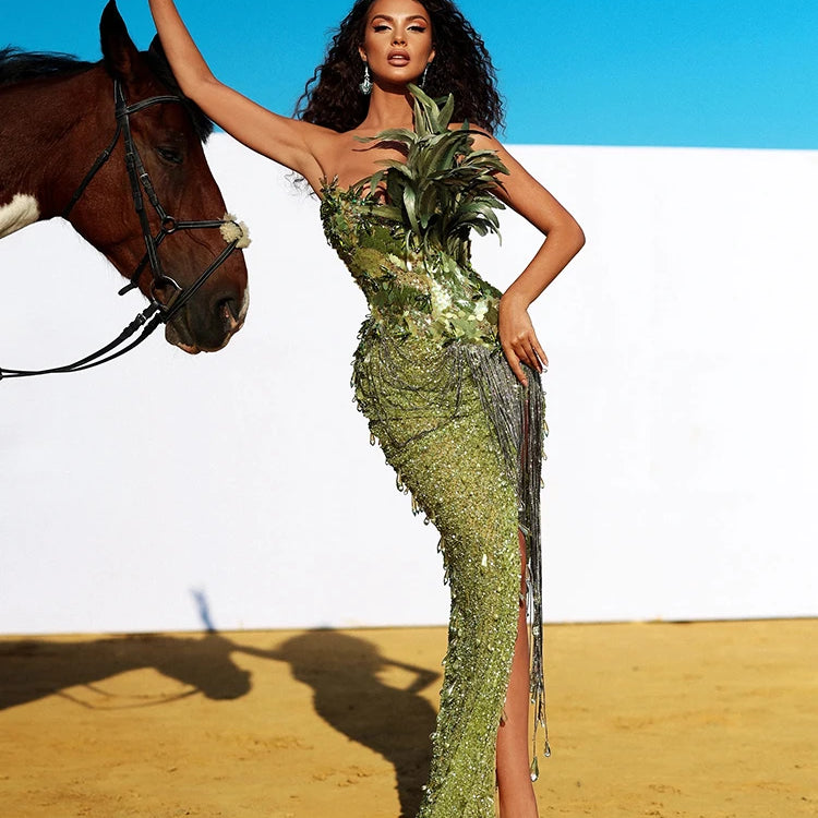 2024 Summer New Green Feather Shining Sequins Strapless Slim High Slit Beads Tassels Party Cocktail Evening Dress