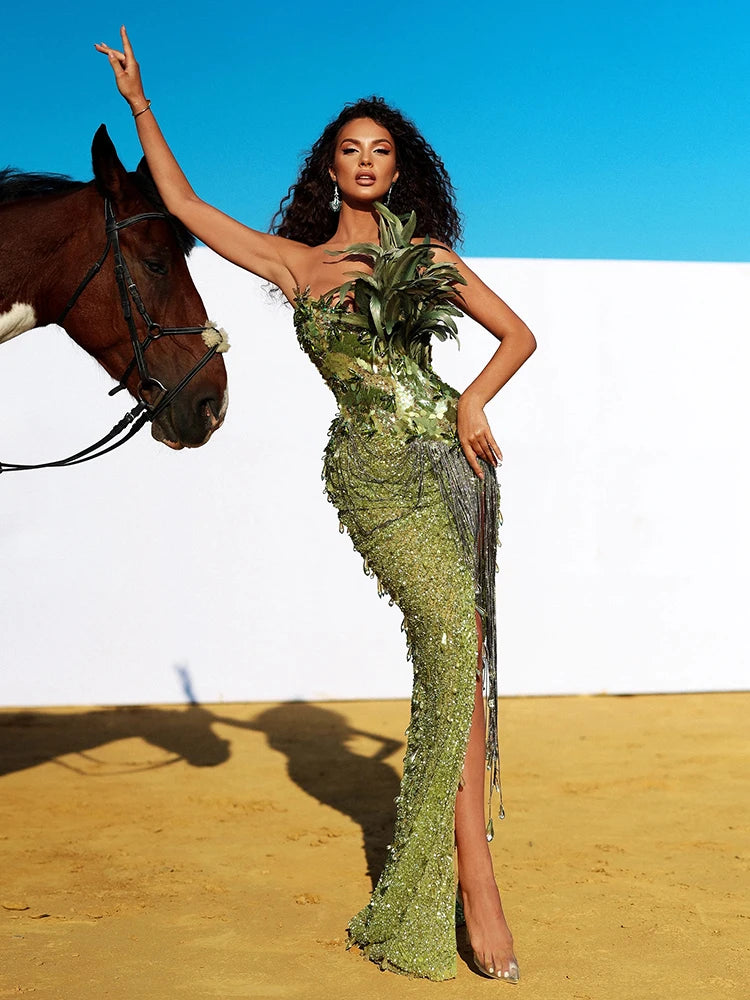 2024 Summer New Green Feather Shining Sequins Strapless Slim High Slit Beads Tassels Party Cocktail Evening Dress