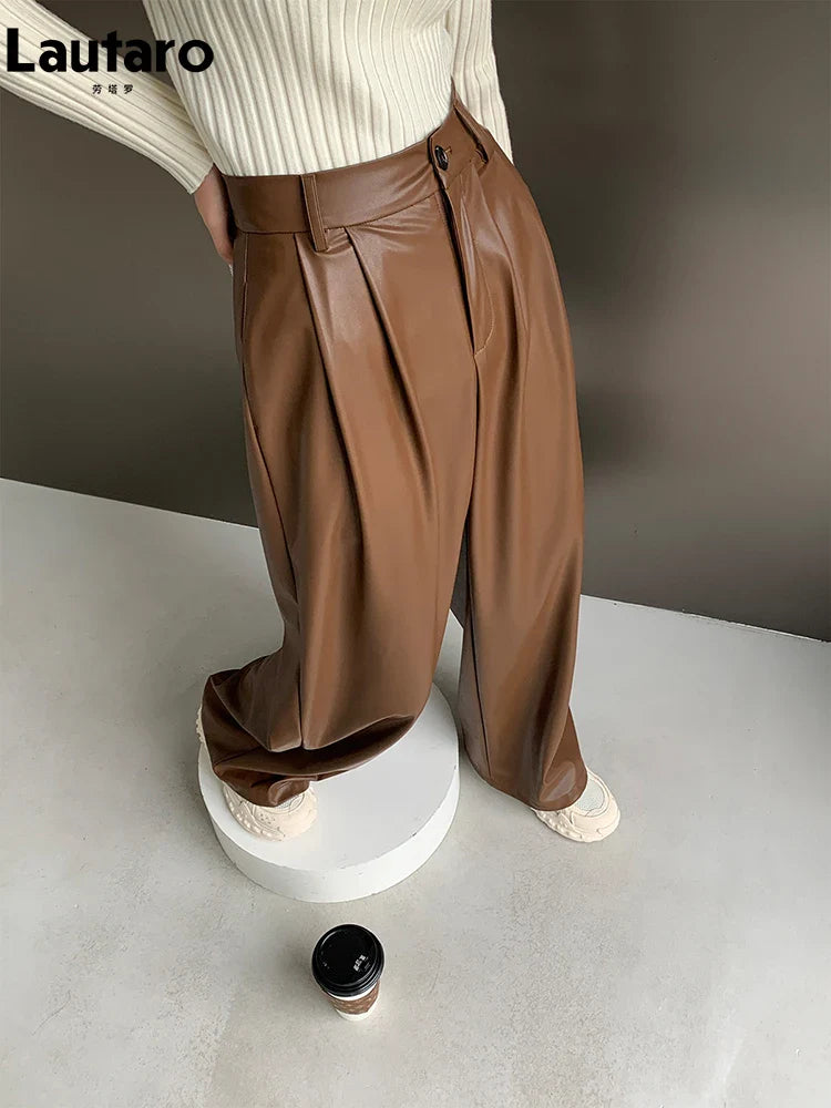 Spring Autumn Loose Casual Flowy Soft Black Brown Pu Leather Wide Leg Pants for Women High Waist Emo Korean Fashion 2023