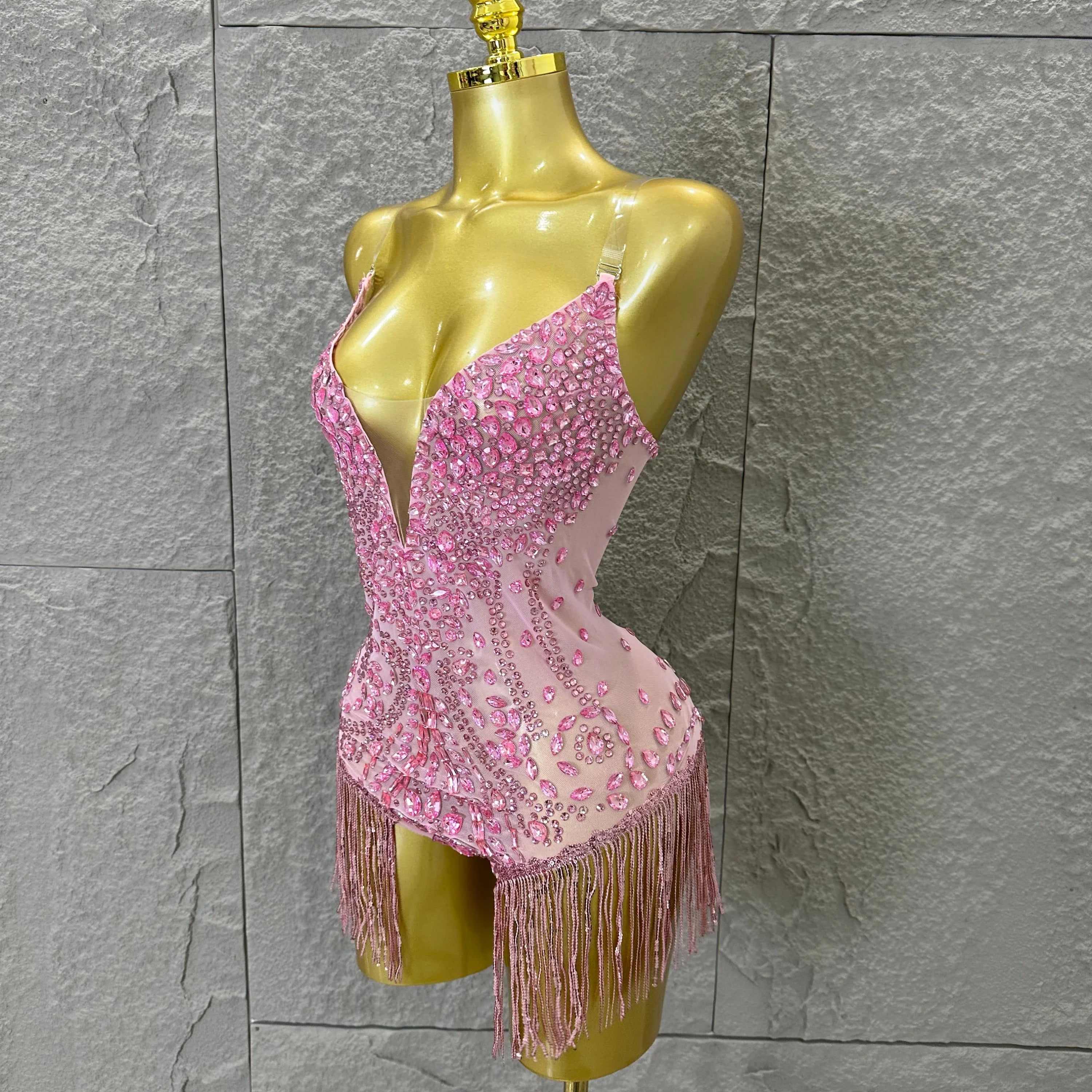 Pink Spaghetti Strap Bodysuit Women Sexy Deep V Neck Sheer Mesh Crystal Embellished Fringe Form-Fitting Formal Event Outfit