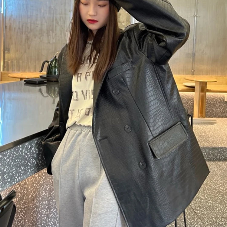 LautaroSpring Autumn Loose Casual Crocodile Print Faux Leather Blazer Jacket for Women Double Breasted Luxury Korean Fashion