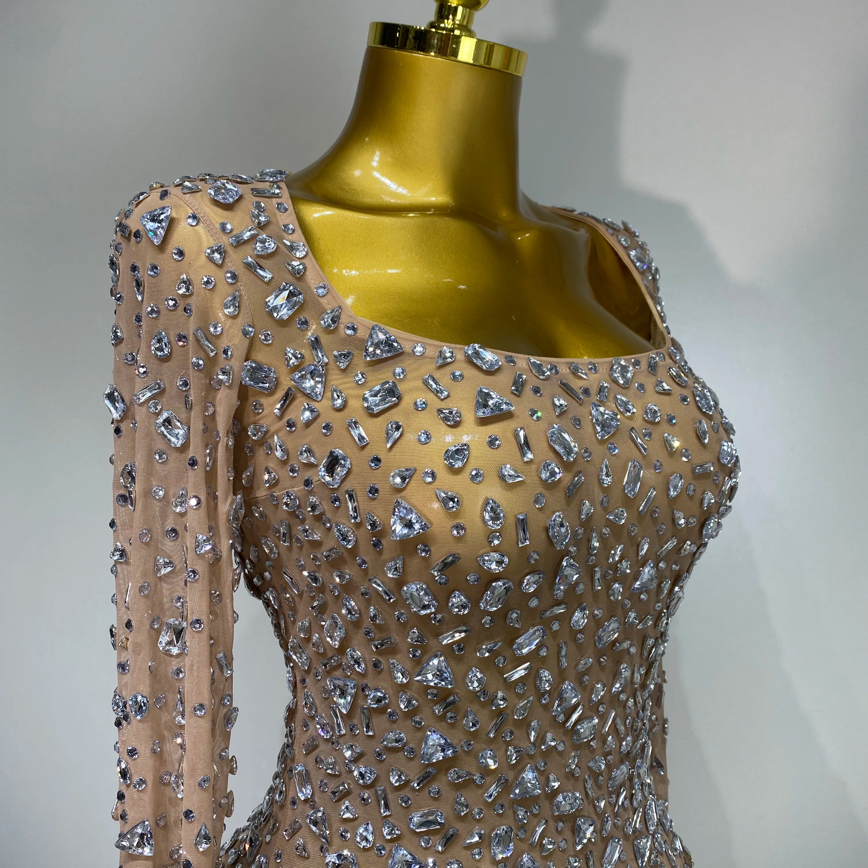 Sparkly Rhinestone Sexy Transparent Mini Dress Celebrity Evening Party Prom Birthday Photo Shoot Nightclub Stage Costume