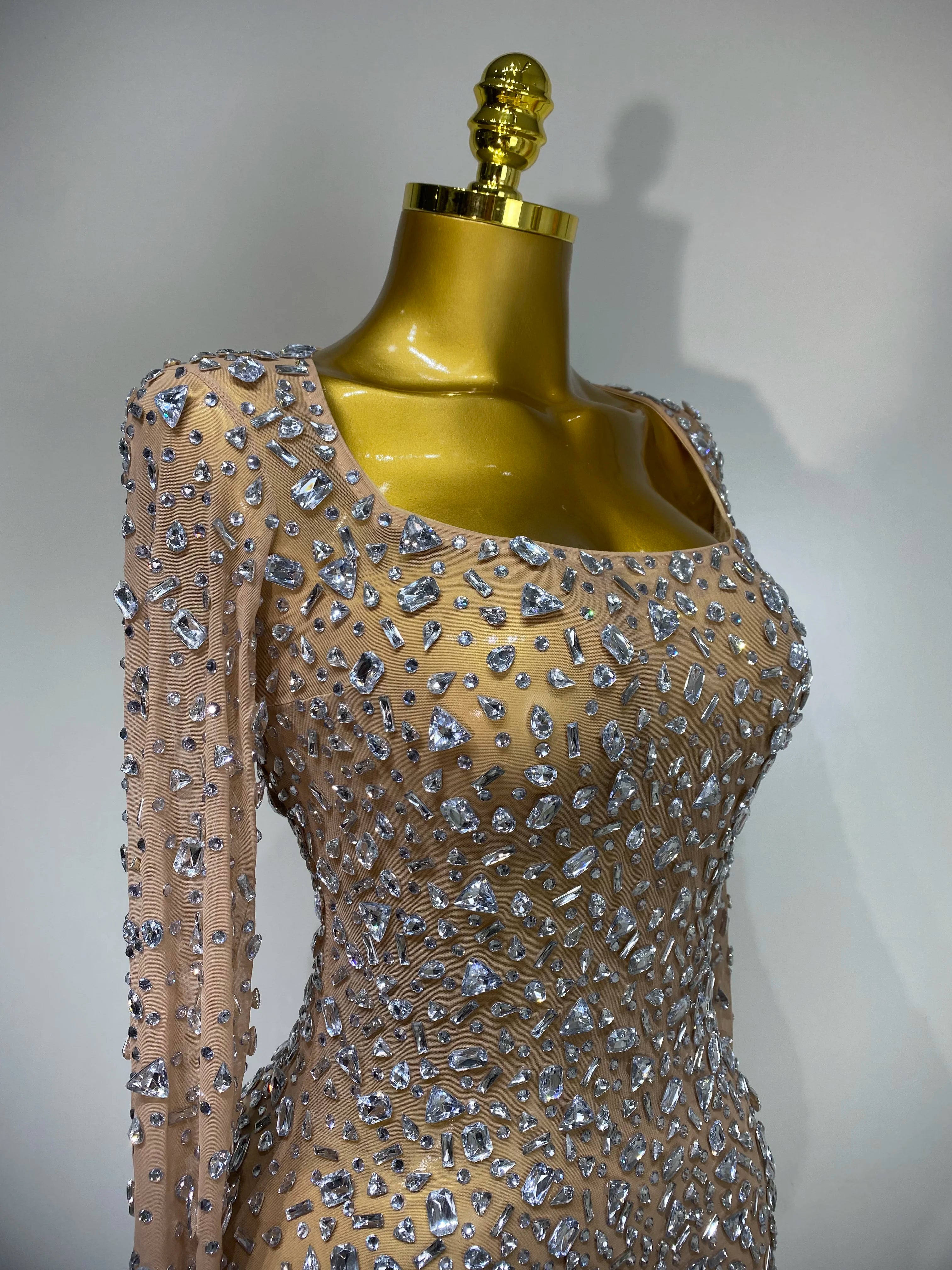 Sparkly Rhinestone Sexy Transparent Mini Dress Celebrity Evening Party Prom Birthday Photo Shoot Nightclub Stage Costume