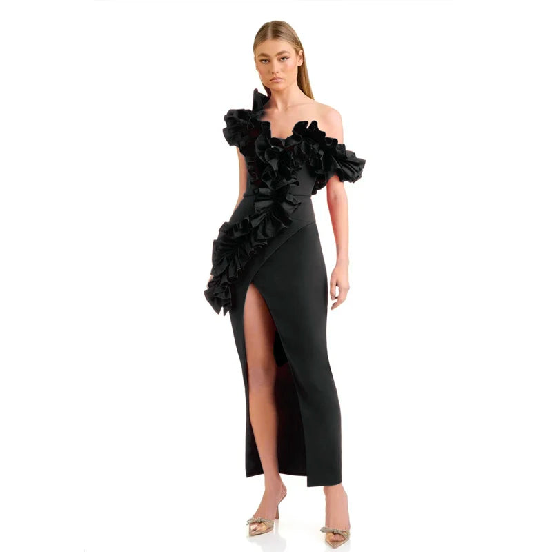 Black Red Color Women Sleeveless Sexy Off the Shoulder Ruffles Bodycon Long Bandage Dress Nightclub Party Celebrate Outfit