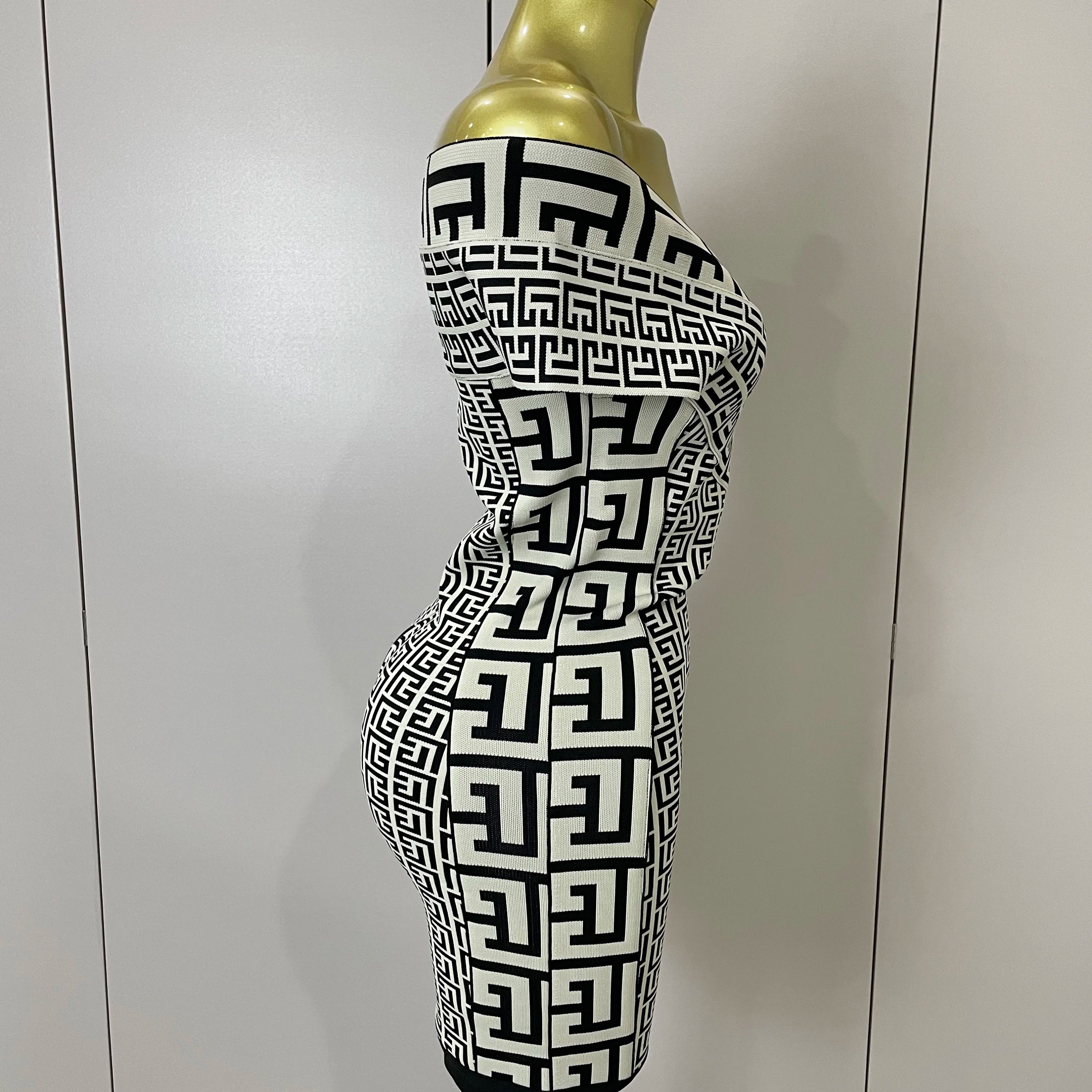 2025 Women Sexy Jacquard Slash Neck Off Shoulder Bodycon Mini Bandage Dress Elegant Evening Birthday Party Dress