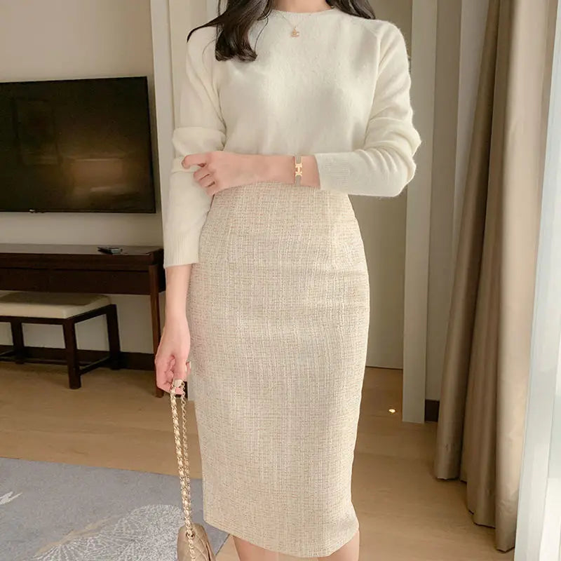 2023 Women Autumn Winter New High Waist Tweed Skirts Female Slim Package Hip Skirts Ladies High Waist Long Solid Skirts Y597 xinse