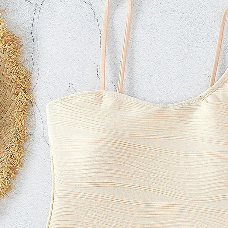 Sexy Beige Strapped Swimwear Women Solid High Cut Push UP