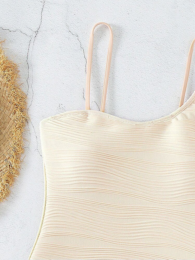 Sexy Beige Strapped Swimwear Women Solid High Cut Push UP