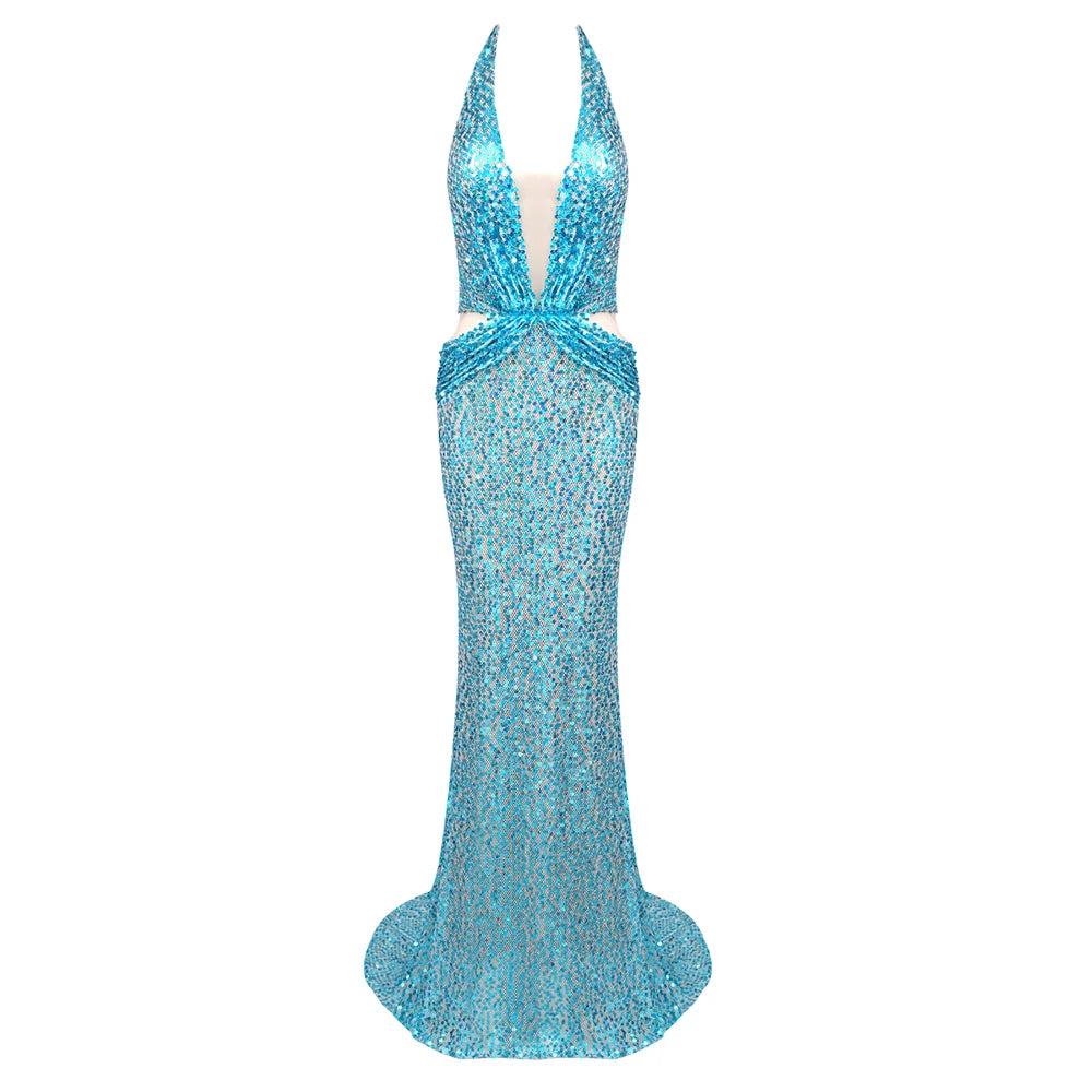 2024 Blue Long Mermaid Party Dress Sequins Beaded Deep V Neck Plunge Halter Cut out Bodycon Cocktail Party Evening Gowns Cyan