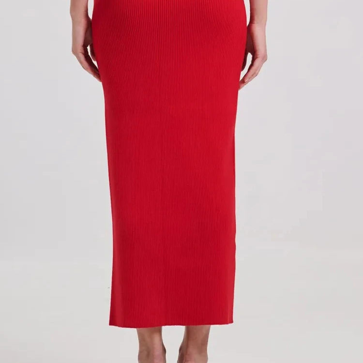 Stylish Chic Casual Red High Waisted Midi Bandage Dress Three Dimensional Roses and Slits Party Outdoor Skirt