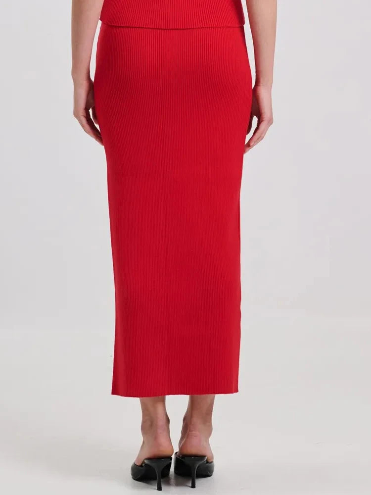 Stylish Chic Casual Red High Waisted Midi Bandage Dress Three Dimensional Roses and Slits Party Outdoor Skirt