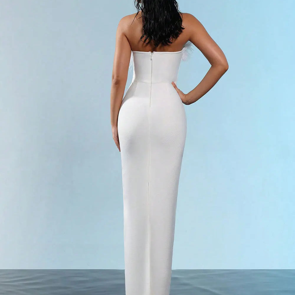 2025 Spring Sexy Women Feather Design Bandage Dress Strapless Sleeveless Bodycon Backless Long Dress Evening Club Party Vestidos