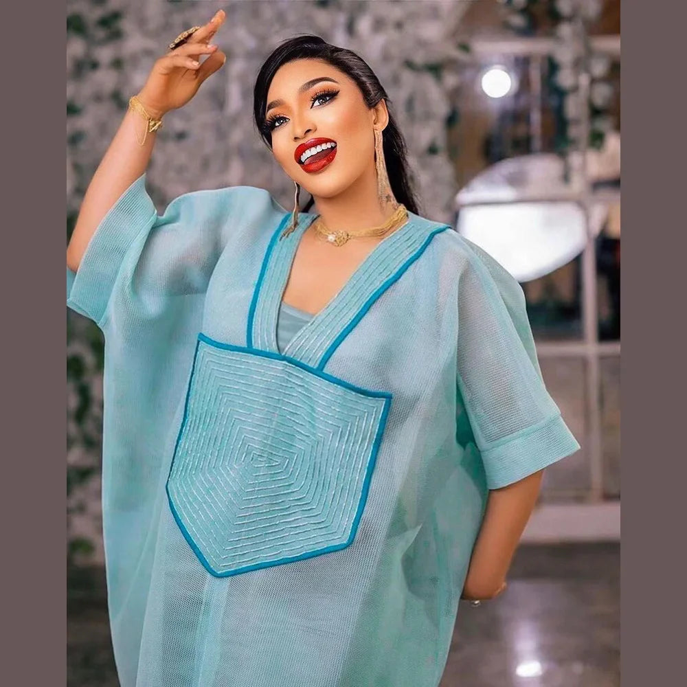 African Modern design blue mesh embroidered deep V-neck plus size skirt with inner skirt African-American women's dress