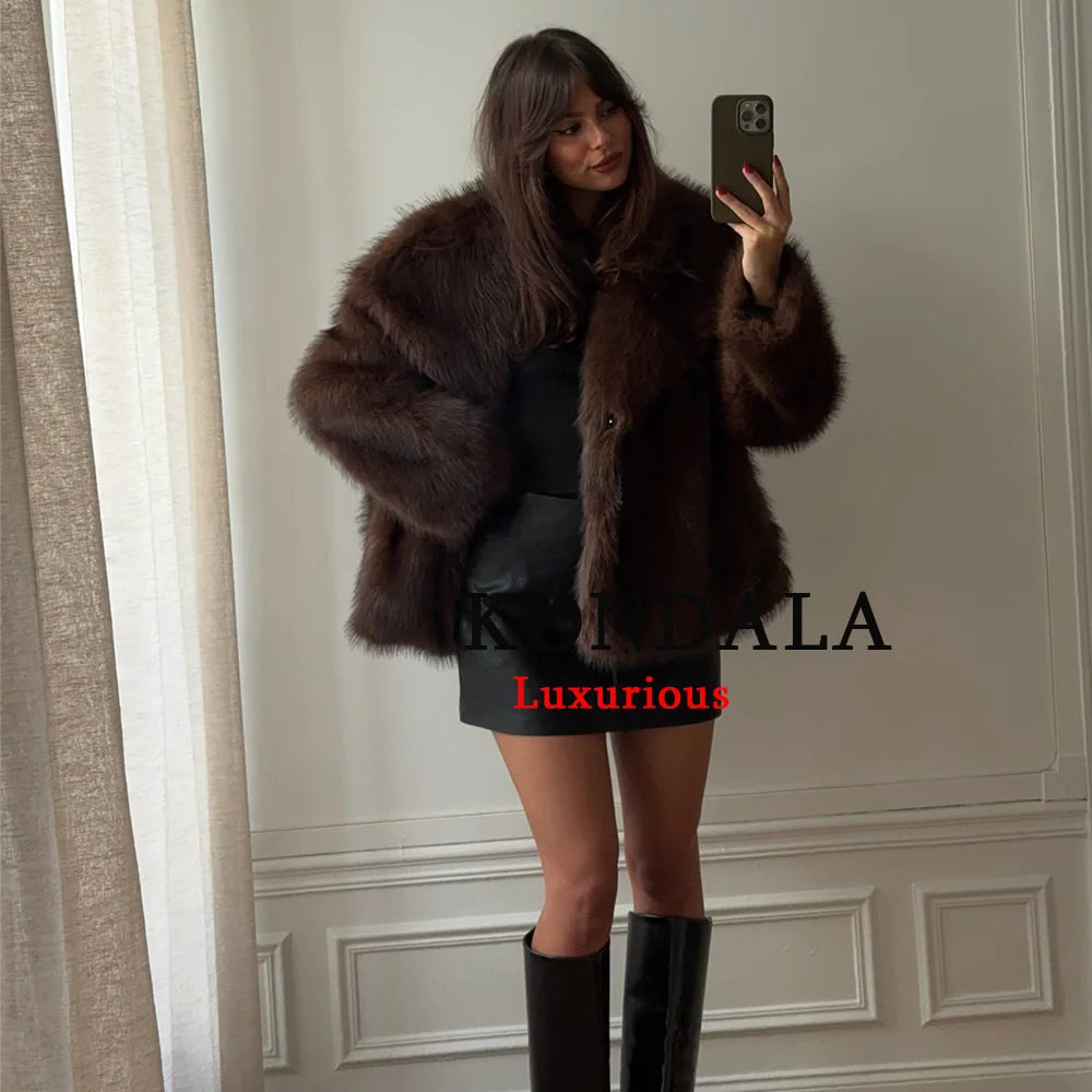 KONDALA Casual Brown Thick Fur Jackets Women Long Sleeve V Neck Autumn Winter Faux Fur Coats Fashion 2025 Streetwear Outwears