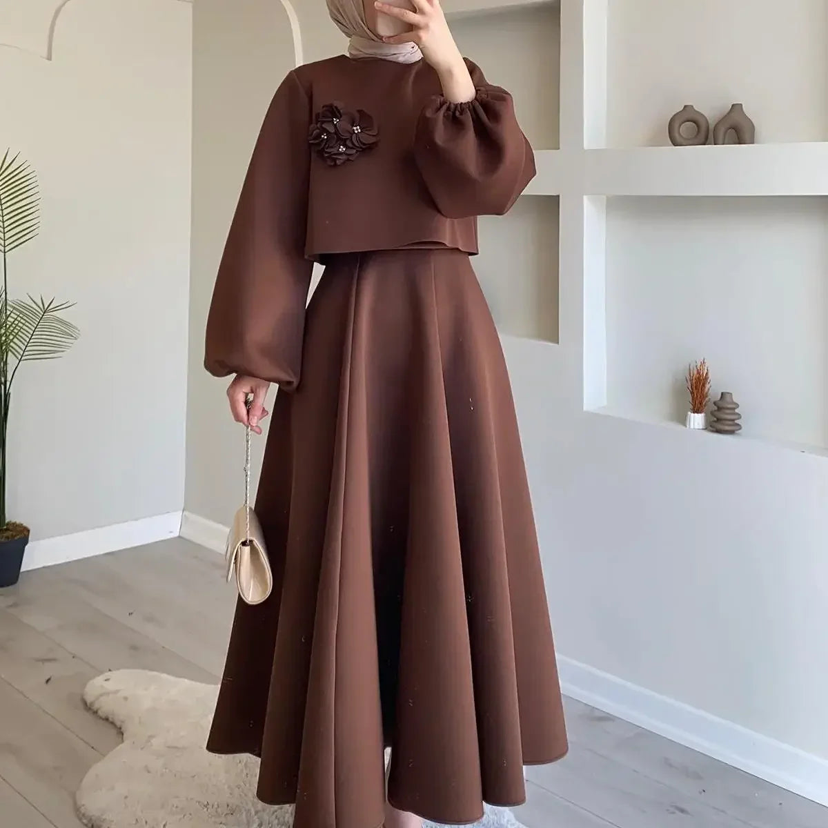 Ramadan Elegant 2 Piece Set Women Lantern Sleeve Flower Crop Top High Waist A-line Skirt Suit Spring Lady Abaya Turkey Sets caramel colour