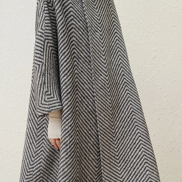 Autumn Winter Black and White Zigzag Woolen Coat Women Sashes A Line Loose Elegant Stylish Runway Korean Fashion 2022