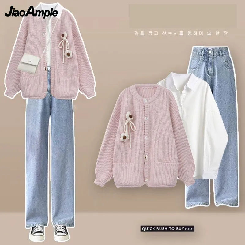 Women's Autumn Winter Loose Sweater Coat+Shirt+Jeans Three Piece 2024 New Matching Set Korean Elegant Cardigan Denim Pants Suit