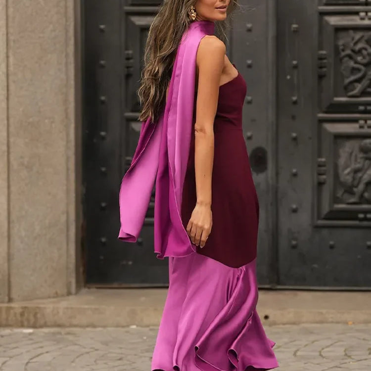 2025 Chic Purple Shawl Collar Off Shoulder Maxi Dress Fashion Contrast Spliced Pleated Hem Backless Robe Lady New Party Dresses
