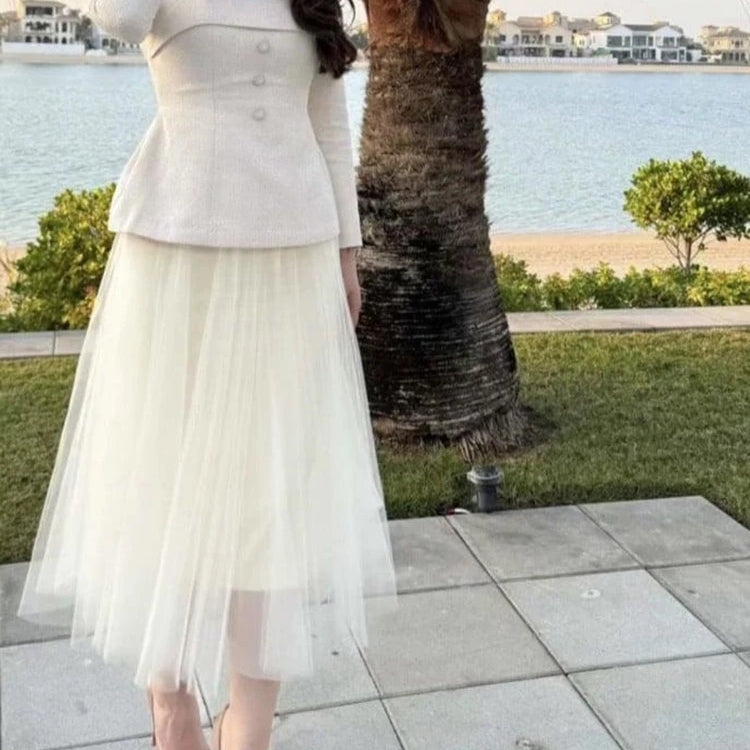 Solid Two Piece Set For Women Diagonal Collar Long Sleeve Tunic Top High Waist Pleated Skirt Elegant Sets Female