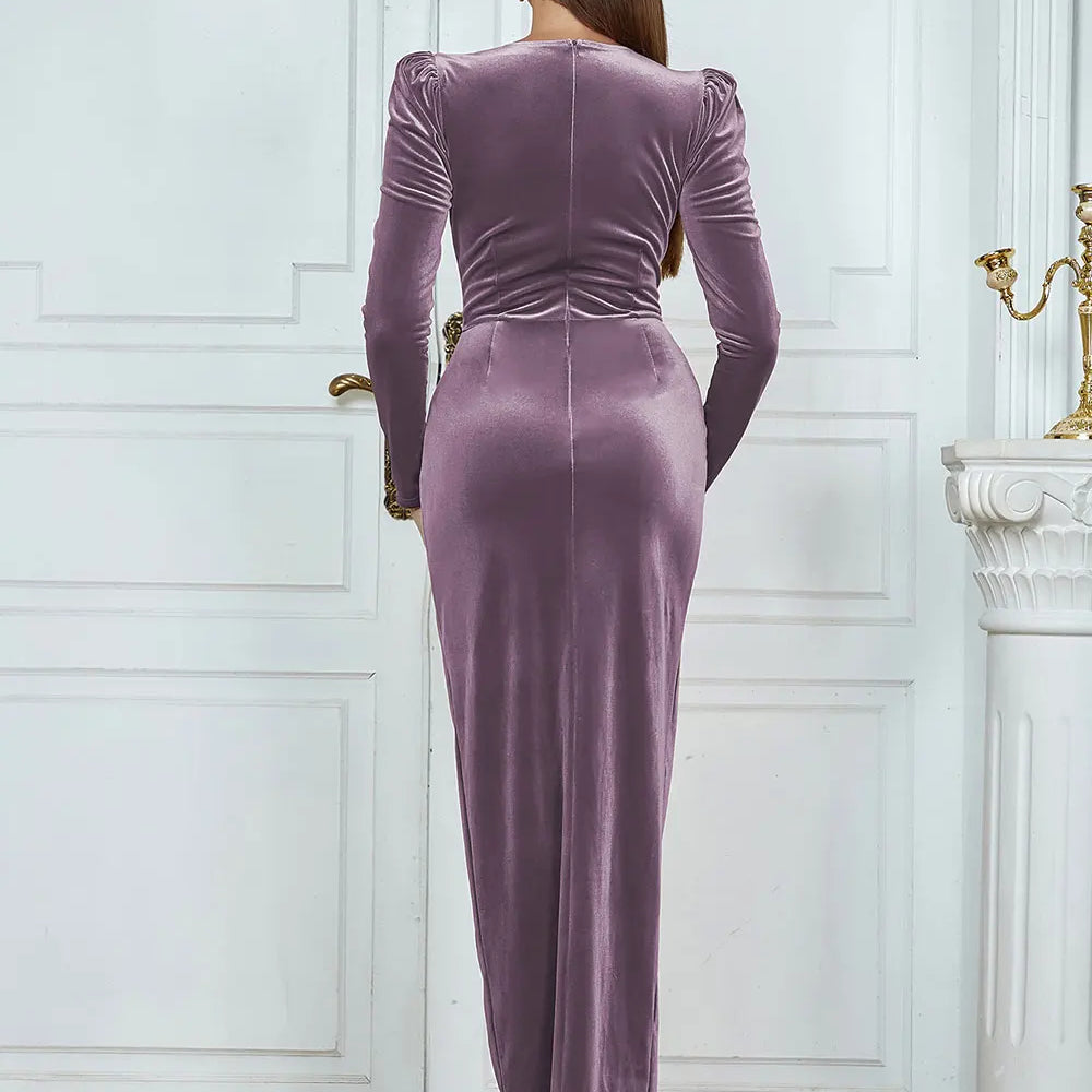 2025 Spring Elegant Women's Velvet Dress O-neck Long Sleeve Bodycon Draped Split Body Long Dress Celebrity Evening Party Vestido
