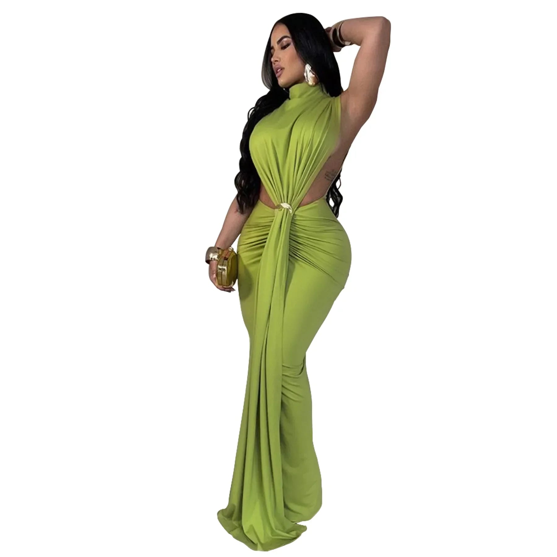 Women O-neck High Split Ruched Stacked Bodycon Midi Maxi Dress 2024 Evening Party Club Vestidos Sexy Chic Long Dresses Green