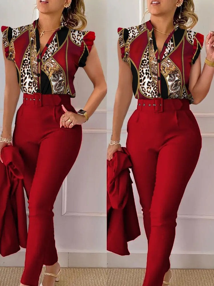 Spring Summer Women's New Printed Lotus Leaf Sleeveless Shirt Suit Slim Femal Office Solid Color Long Pants Belt Two Piece Set Burgundy