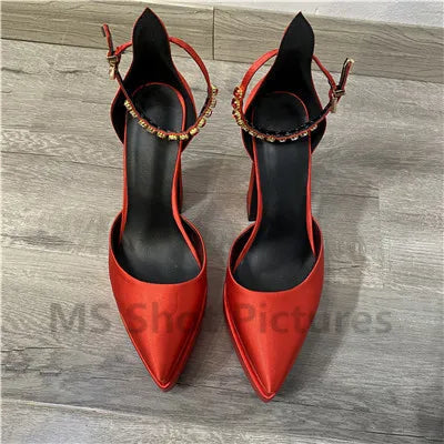 Luxury Women High Heel Shoes Platform Sandals Pointed Toe Woman Silk Pumps Sexy Rhinestone Buckle Chunky Heel Wedding Shoes 2024 red