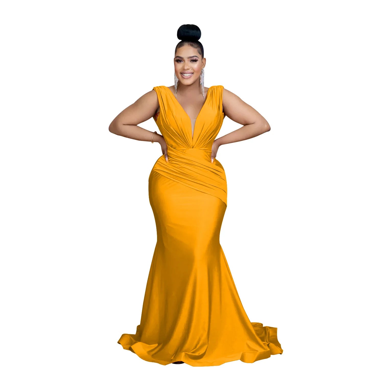 Women Draped Waist Shoulder Sleeveless Deep V-neck Maxi Long Trumpet Mermaid Dress 2023 Club Sexy Party Evening Dresses Orange