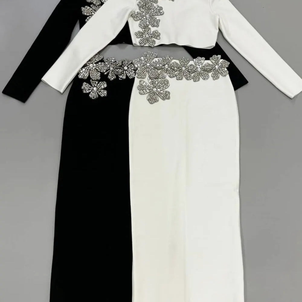 2024 Sexy Women's Bandage Skirt Set Stand up Collar Long Sleeve Nail Bead Water Diamond Short Top+Long Dress Two Piece Set