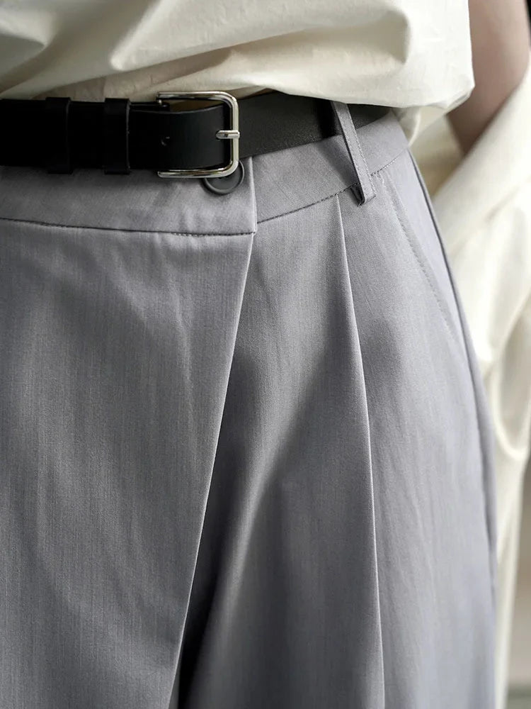 [LANMREM] Minimalism Irregular Pleated Pants Women Solid Straight Wide Leg Pants Korean Style Clothing Spring New 26D2368