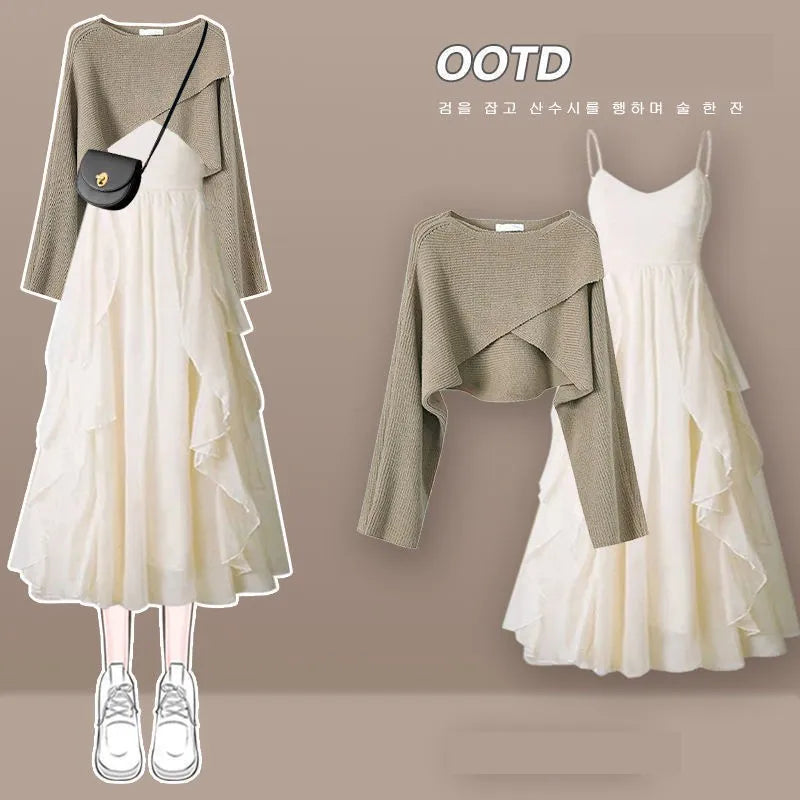 Women's Fashion Dress Matching Set 2024 Autumn Winter New Chic Knitted Sweater Sling Skirt Two Piece Korean Elegant Clothes Suit Set 04