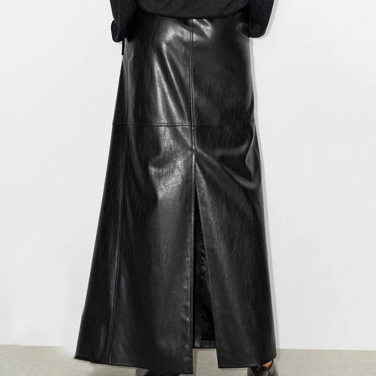 Lautaro Spring Autumn Shiny Black Soft Pu Leather Floor Length Skirt Women with Front Slit High Waist Extra Long Clothes 2025 Black