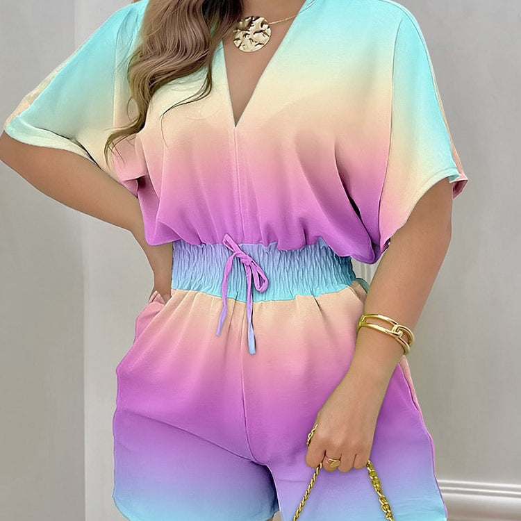 Summer Women Print Jumpsuit Fashion Casual Playsuit V-neck Elegant Romper New Holiday Short Sleeve Outfits Streetwear Jumpsuit Beige