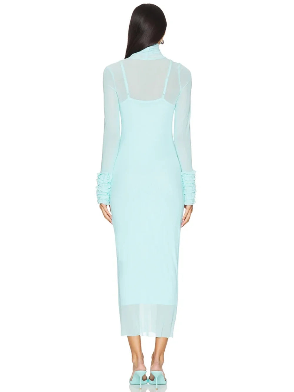 Sexy Turtleneck Ruffle-Cuff Mesh Tight Long Dress Women Long Sleeves Ruffles Bodycon Midi Dresses Evening Party Cocktail Club