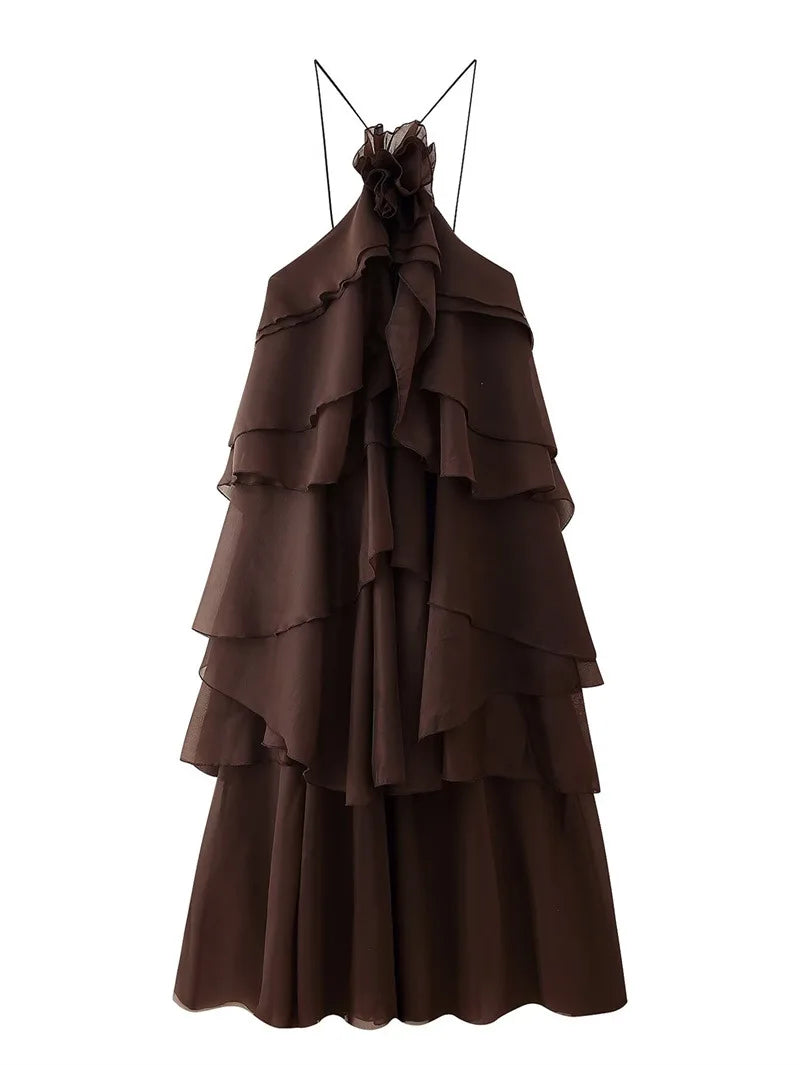 Women Sleeveless Ruffles Loose Ball Gown Smock Strap Maxi Long Sexy Dress 2025 Birthday Vacation Party Dresses Vestidos Dark Brown